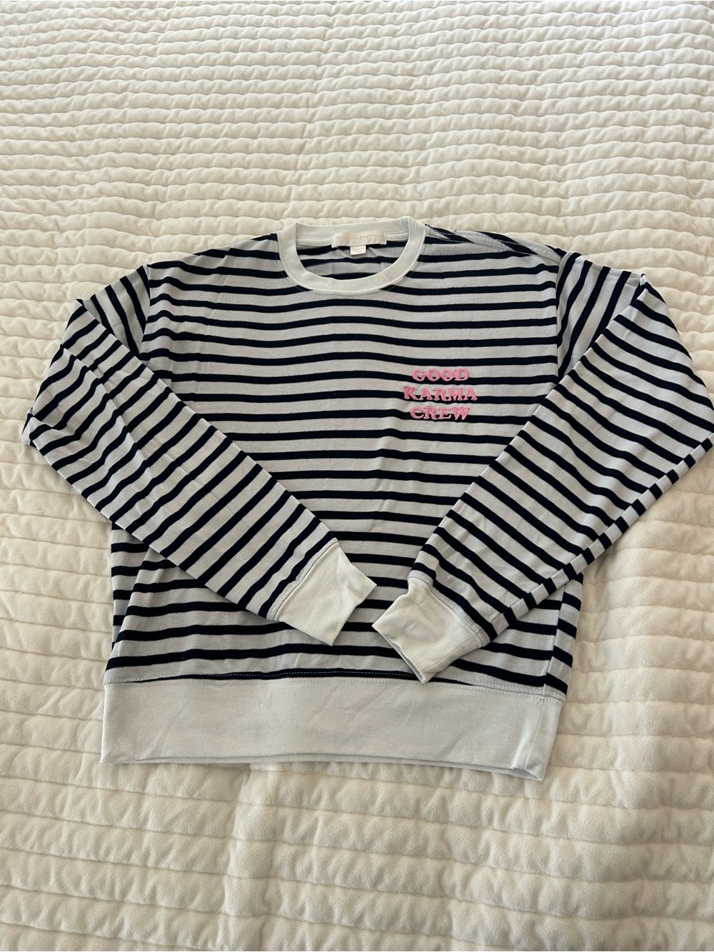 Spiritual Gangster Navy Striped Crewneck with Pink Embroidery
